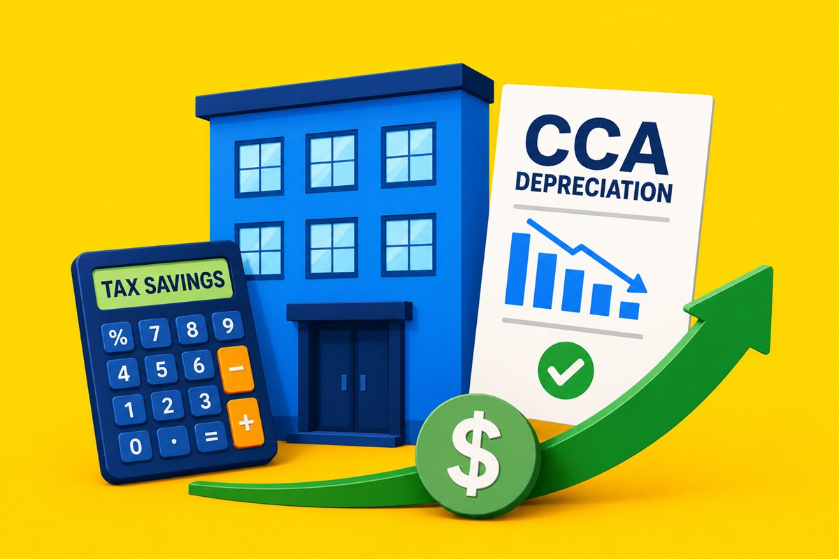 A blue rental building beside a calculator reading &ldquo;Tax Savings&rdquo; and a CCA depreciation statement with a rising green arrow