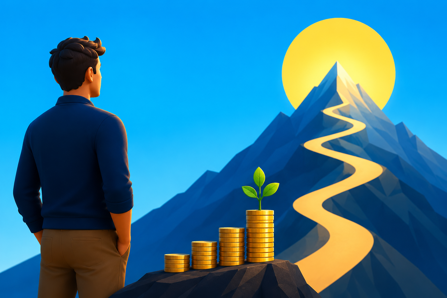 Person looking toward a mountain path beside rising stacks of coins — building wealth in your 30s in Canada.