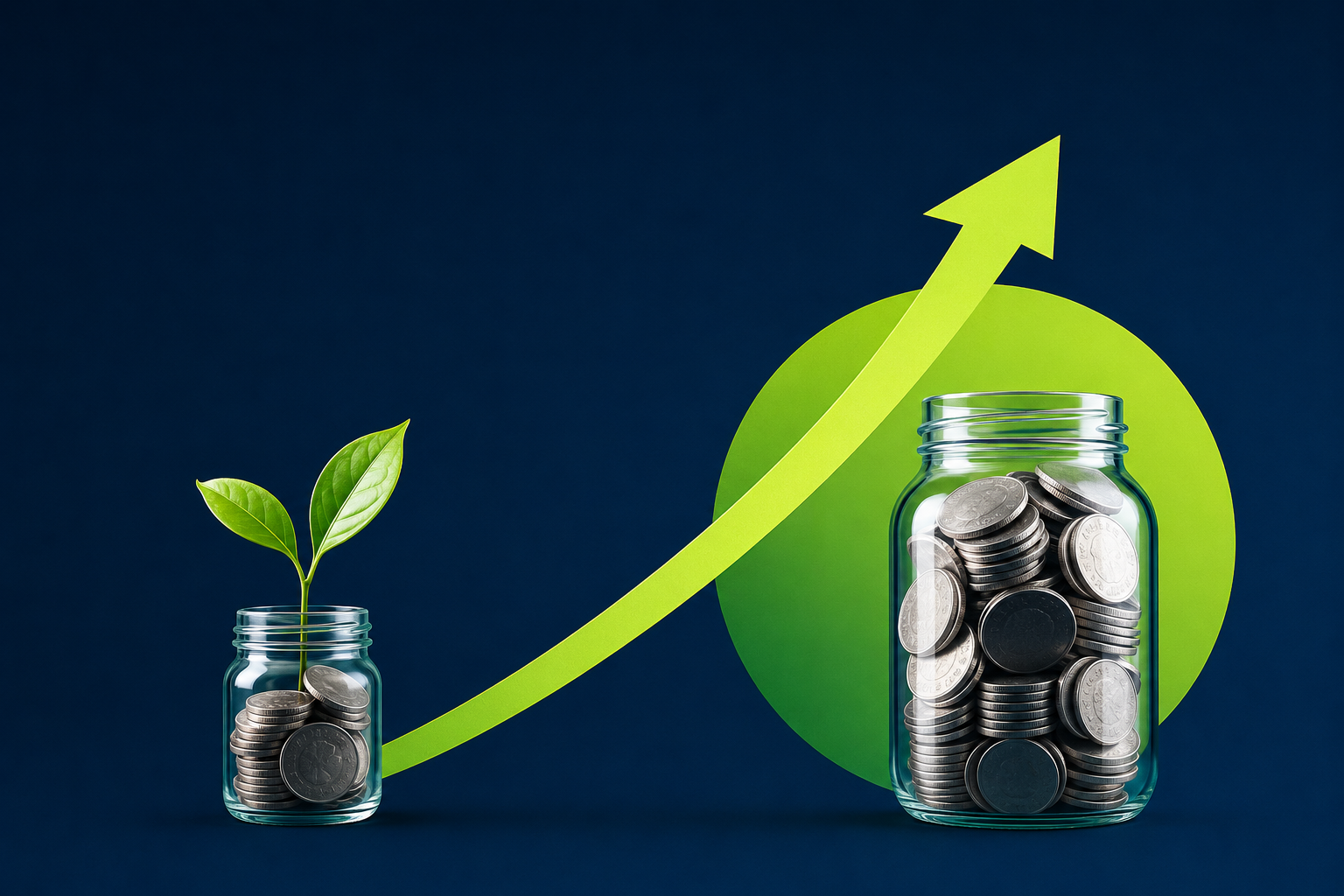 Line chart showing a Canadian retirement portfolio growing from current savings to the target at age 65, split into contributions and investment growth