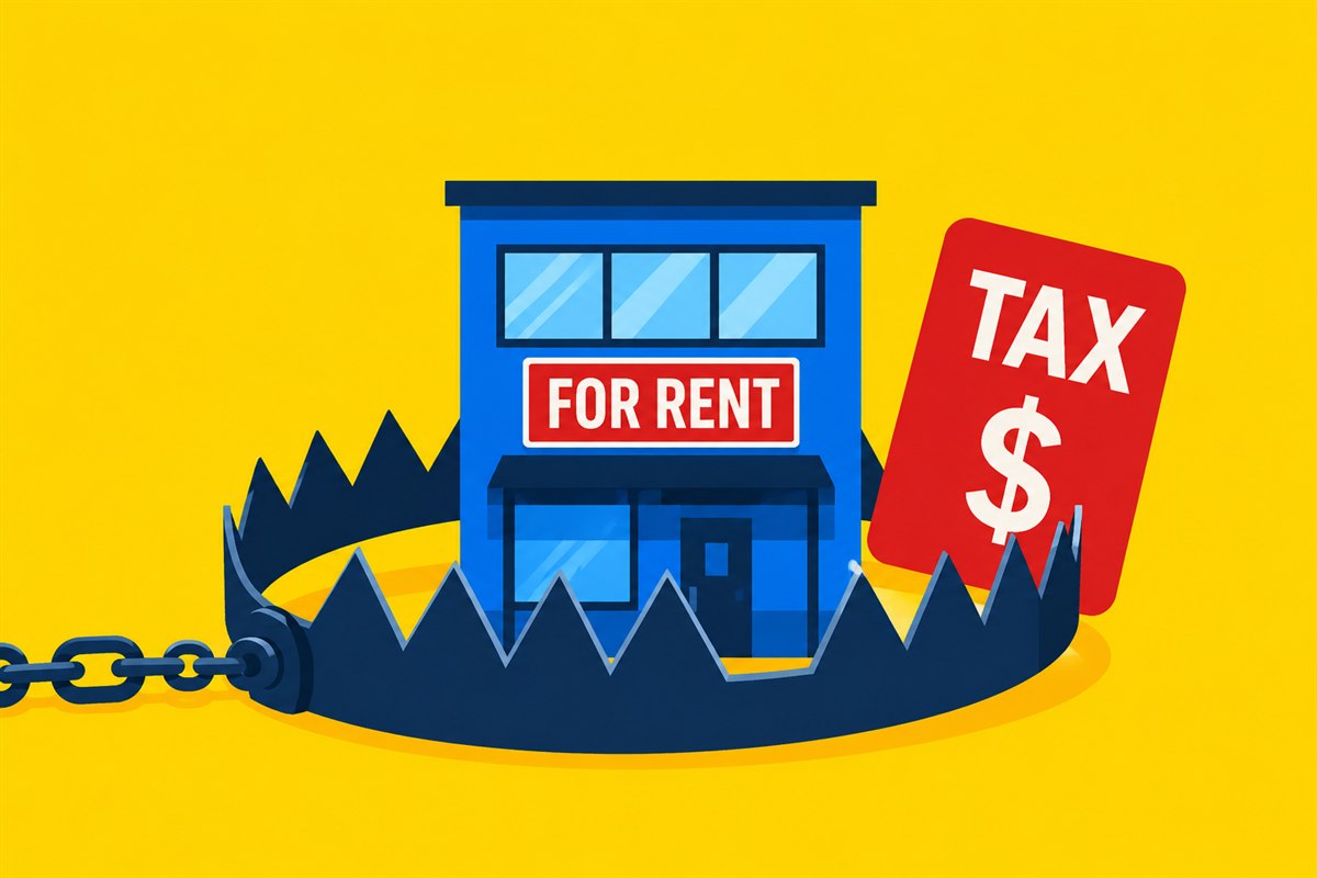 A blue rental building with a &ldquo;For Rent&rdquo; sign sitting inside an open bear trap, next to a red tax price tag